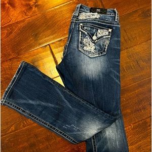 MISS ME-Distressed Crystal Aztec Ice Flap boot cut mid rise womens jeans 30 x 34